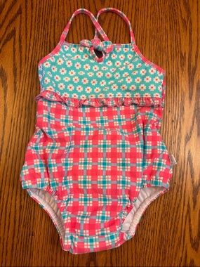 NWOT I Play Toddler Girls Floral Plaid One Piece Swimsuit w Built-in Swim Diaper